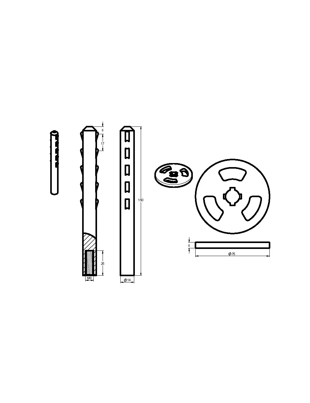 SET RONDELLE Ø 75 MM + AXE ERGOTS L 150 MM POUR TIGE INOX M8